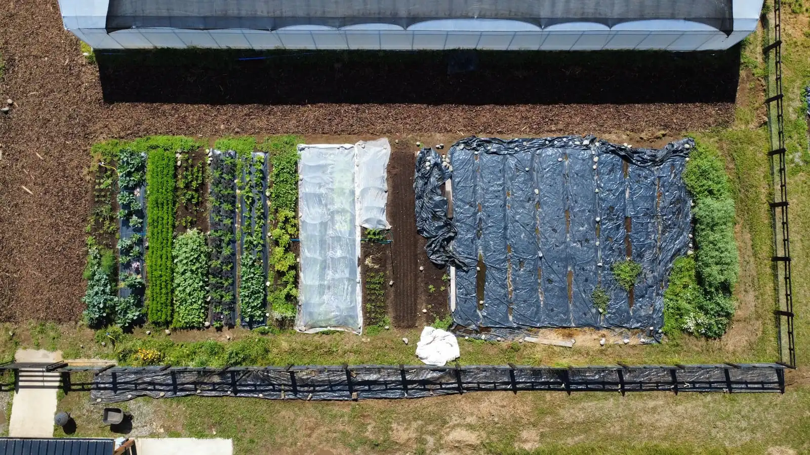 Camas de cultivo e invernadero en vista aérea